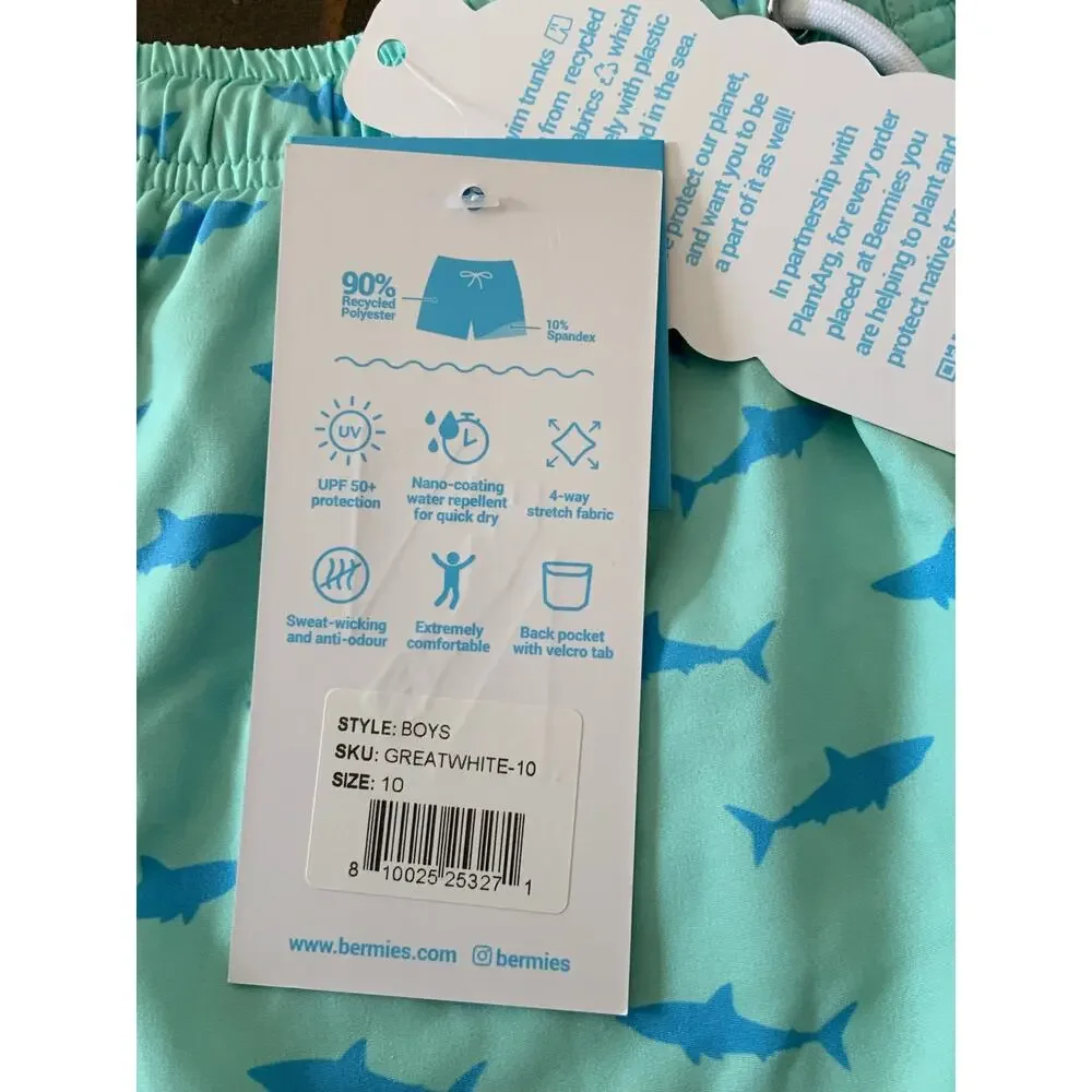 Bermies Great White Youth Swim Trunks NWT size 10‎